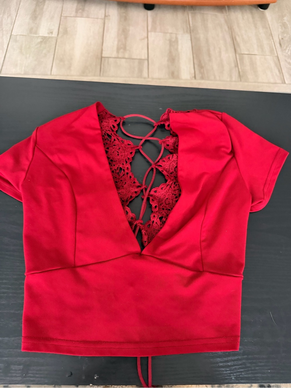 Red Lace-Back V-Neck Women's Top